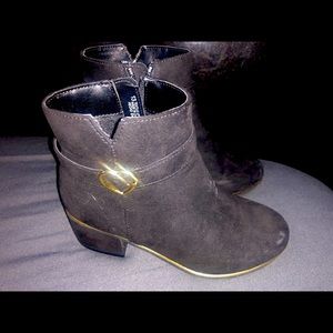 Black velvet zip up boot gold trim